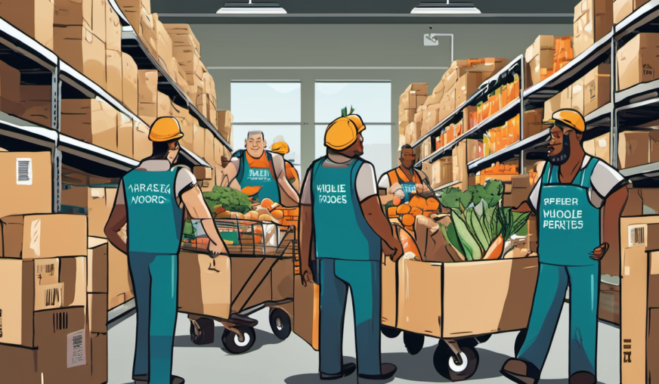 Amazon Raises Minimum Pay to $20/Hour, Adds Whole Foods Perks — AI-generated editorial illustration