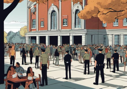 Three Stabbed at SUNY Westchester College as Two Suspects Arrested — AI-generated editorial illustration