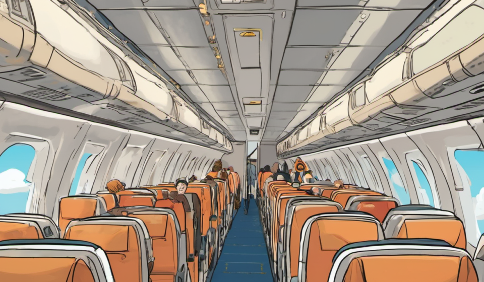 Sepehran Flight Shakes, Passengers Scream as Ceiling Panels Fly — AI-generated editorial illustration