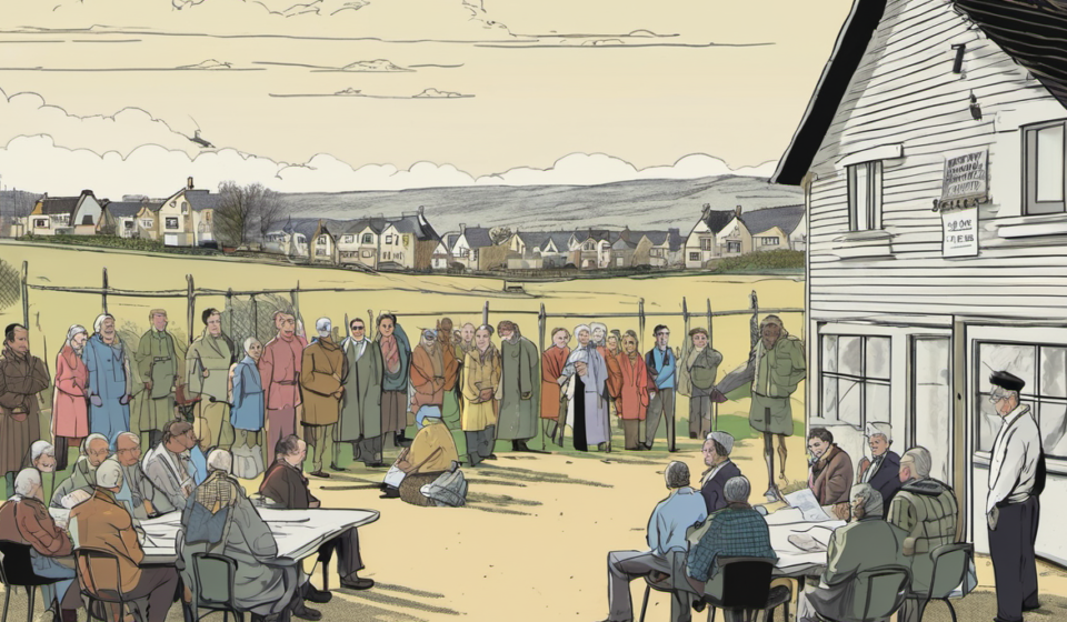 Piddington Village Votes to Leave UK in Symbolic Protest Over Asylum Seekers — AI-generated editorial illustration