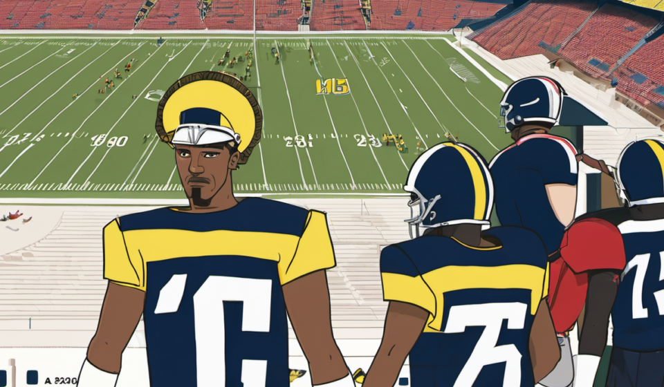 Baker Mayfield Wears Michigan Jersey at Bucs Practice After Oklahoma Loss — AI-generated editorial illustration