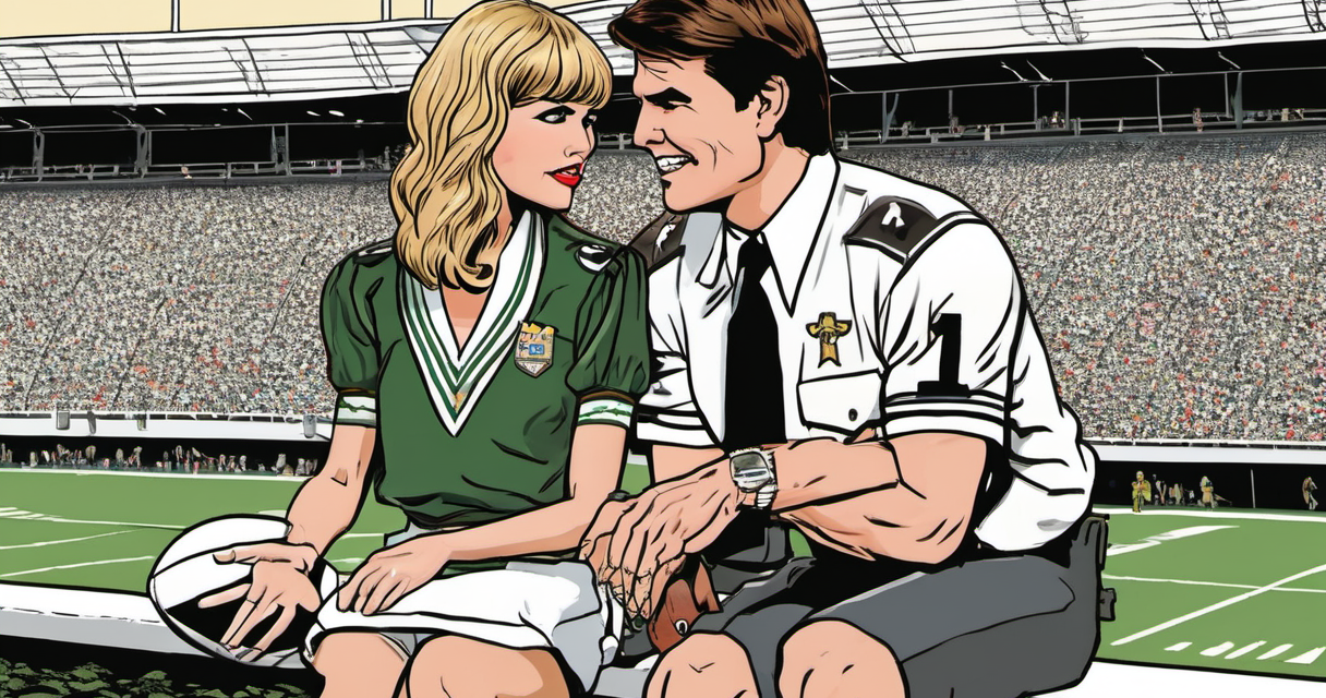 Tom Cruise Confesses Taylor Swift Was Teaching Him Football at the Chiefs Game — AI-generated editorial illustration
