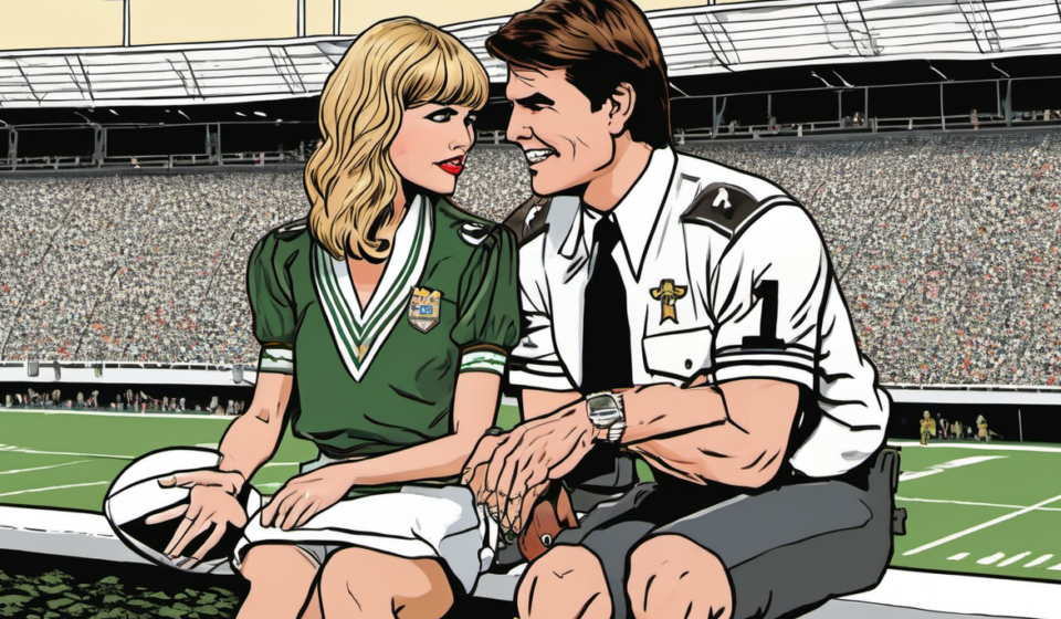 Tom Cruise Confesses Taylor Swift Was Teaching Him Football at the Chiefs Game — AI-generated editorial illustration