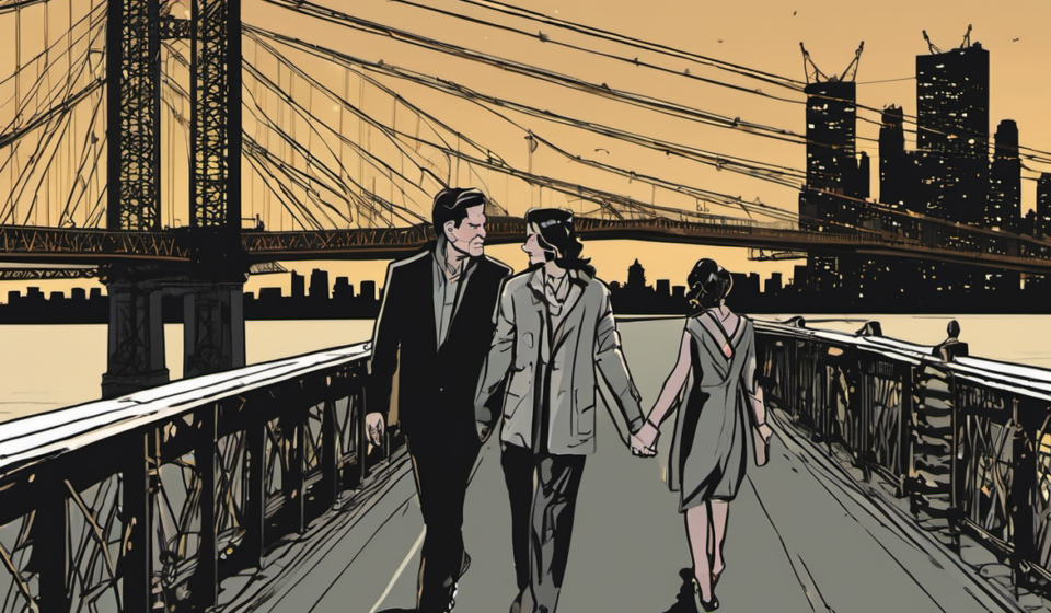 Joe Alwyn Spotted With Comedian Mary Beth Barone on NYC Bridge — AI-generated editorial illustration