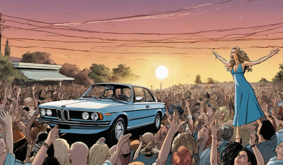 Celine Dion Sings Barefoot on BMW Roof After Paris Concert — AI-generated editorial illustration