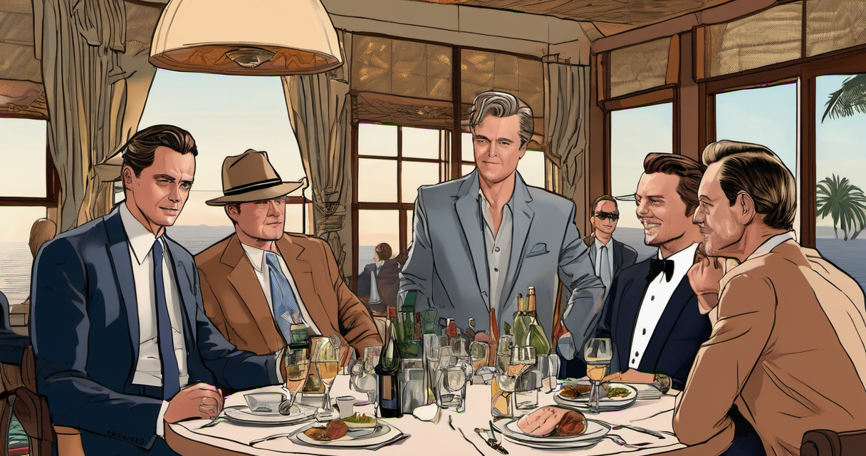 Gov. Newsom Dines with DiCaprio, De Niro, and Maguire at Malibu’s Nobu — AI-generated editorial illustration