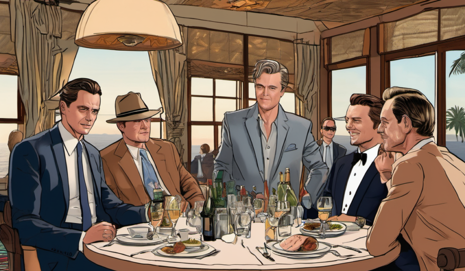 Gov. Newsom Dines with DiCaprio, De Niro, and Maguire at Malibu’s Nobu — AI-generated editorial illustration