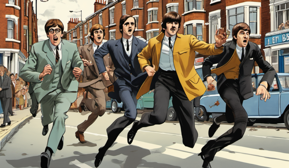 Beatles Biopic Stars Recreate Iconic 'A Hard Day's Night' Opening — AI-generated editorial illustration